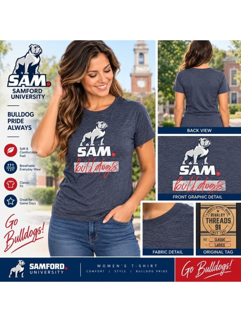 Rivalry Threads Samford Bulldogs Women's T-Shirt Blue NCAA Size Large NWT
